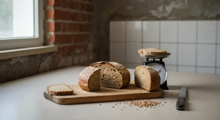 Kromki chleba żytniego o różnej grubości na desce, obok waga kuchenna z jedną kromką i nóż