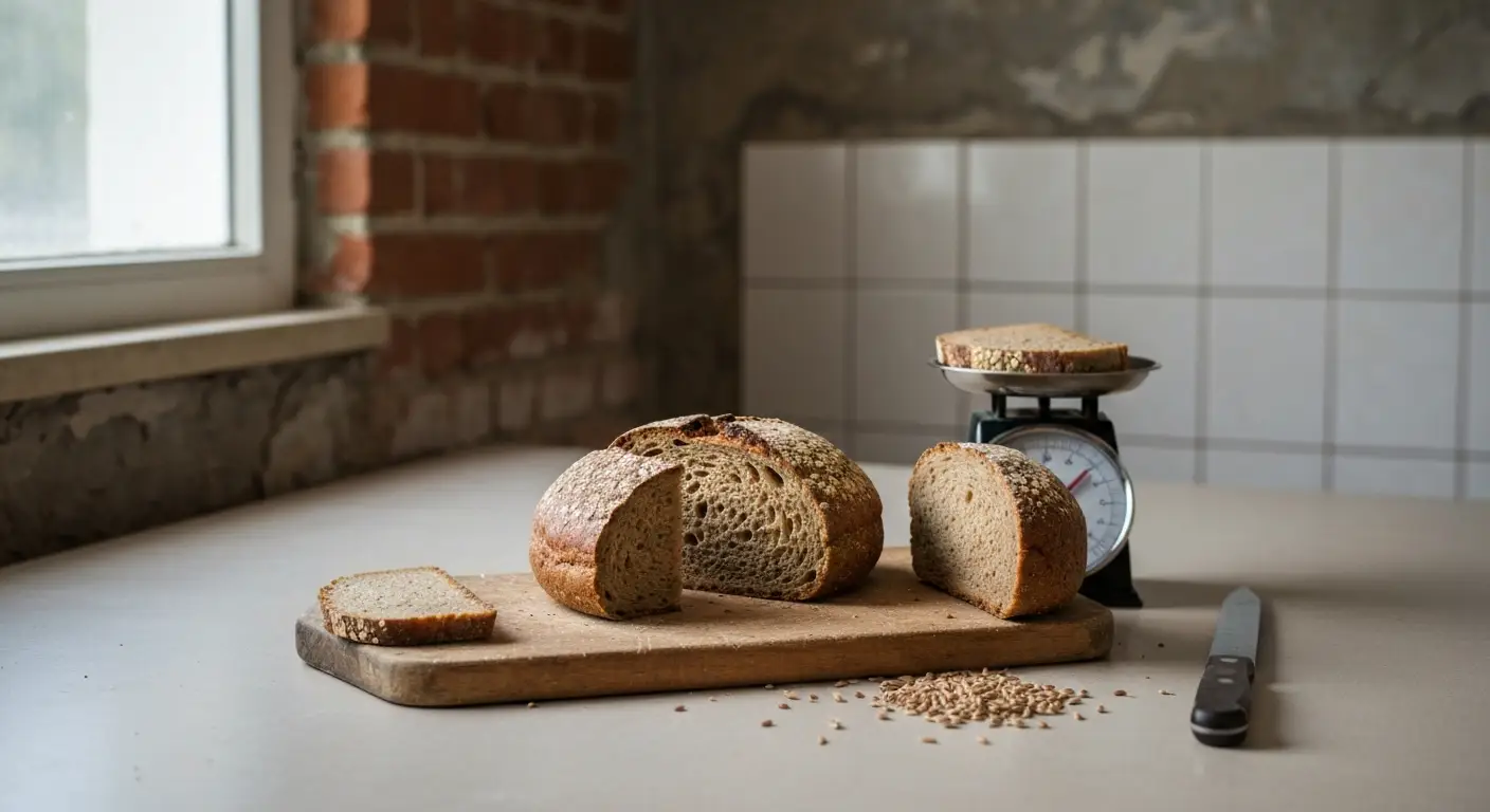 Kromki chleba żytniego o różnej grubości na desce, obok waga kuchenna z jedną kromką i nóż