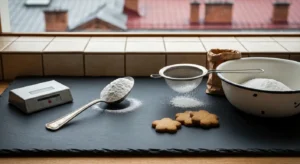 Lyzka cukru pudru na ciemnym blacie obok sitka i racuchow posypanych cukrem, w tle slaska kuchnia
